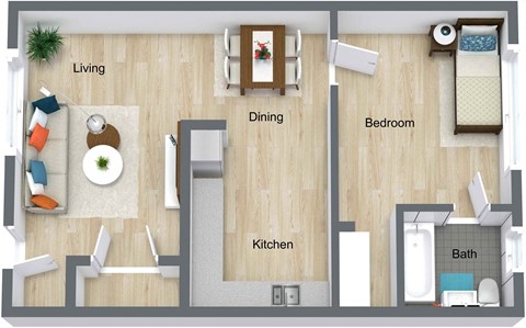 3D floor plan of Willow large- 1 bed 1 bath - Golden Shores of Jacksonville Jacksonville, FL, 32211
